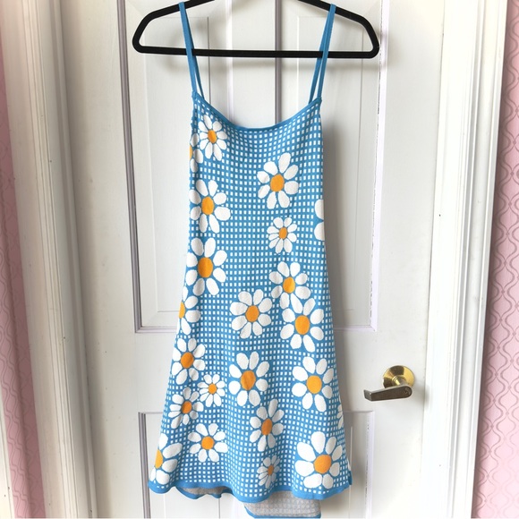 Zara Blue Gingham Daisy Knit Mini Dress Size Large - Picture 5 of 12